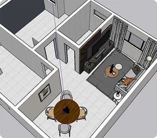 Ambiente construído em 3D no SketchUp, visto de cima